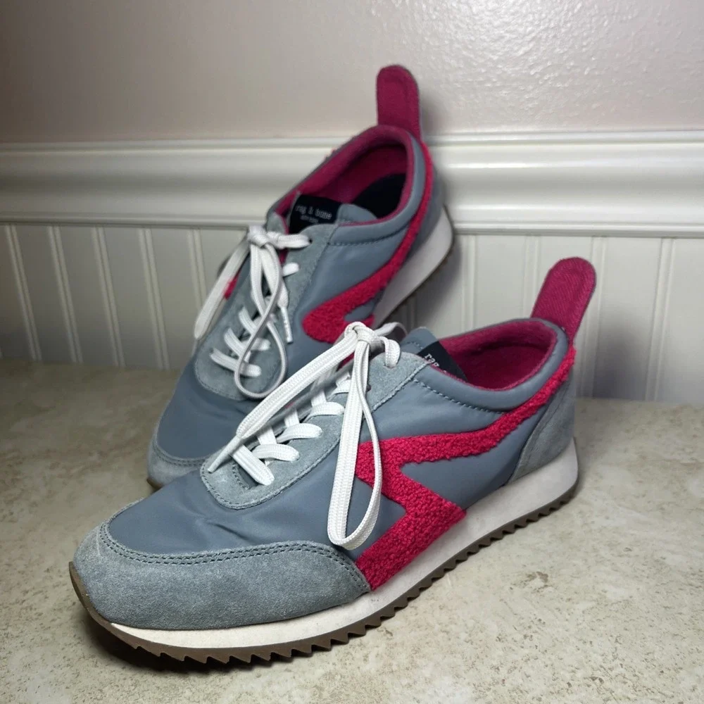 Rag & Bone Retro Runner Sneakers in Slate Grey and Neon Pink Bouclé | Sz 38